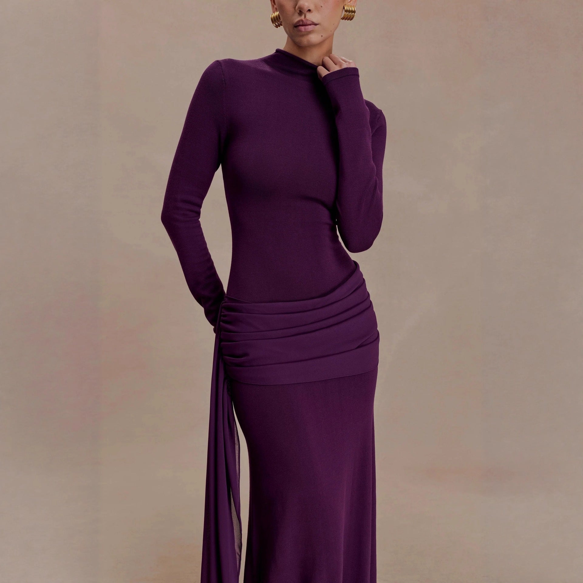 Fashion French Ribbon Long Sleeve Knitted Dress Celebrity Autumn and Winter Hip Dress