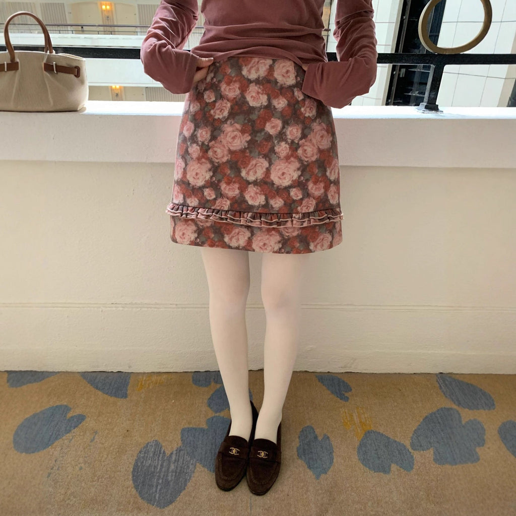 Romantic and sweet girly rose print A-line skirt
