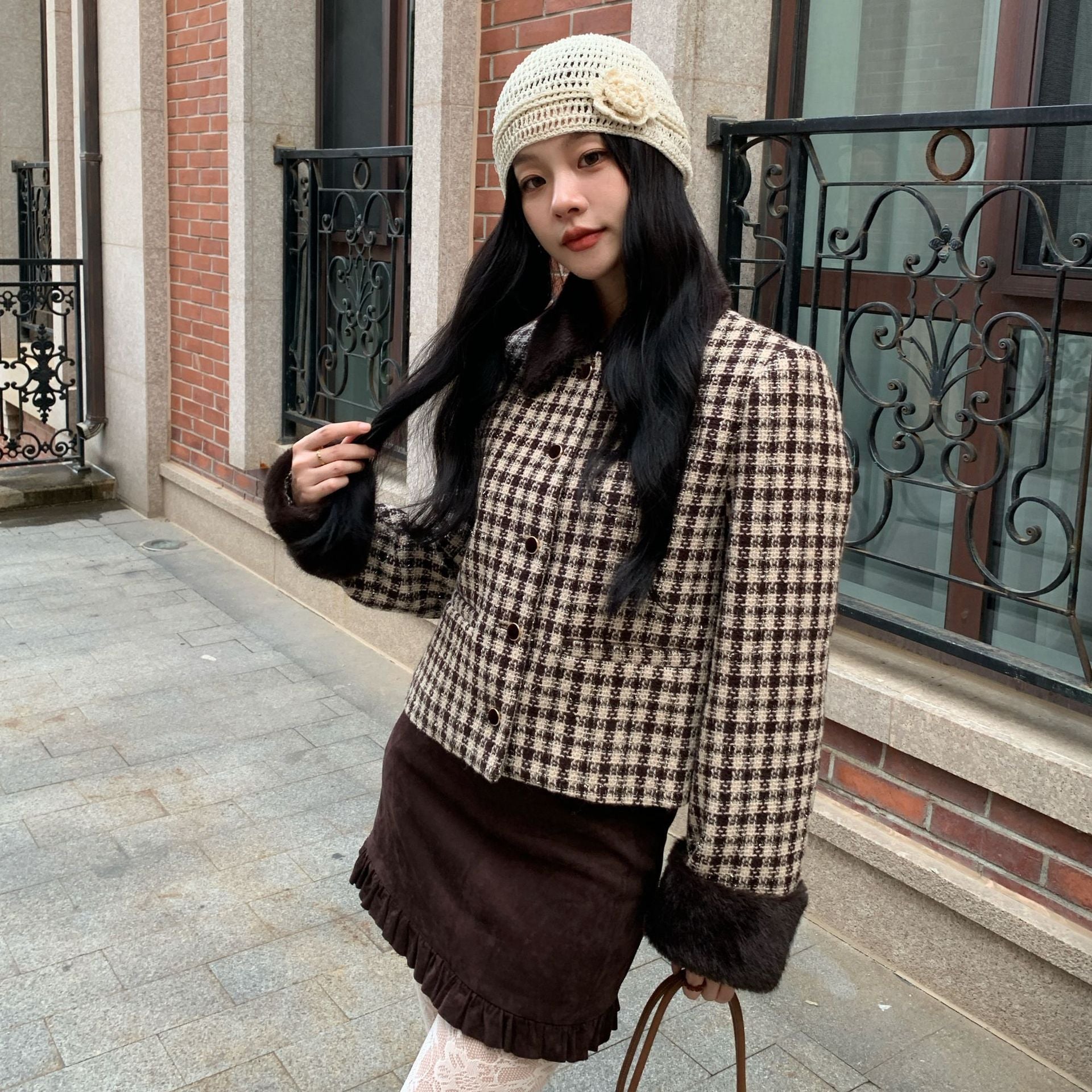 Retro exquisite fluffy lapel tweed short coat