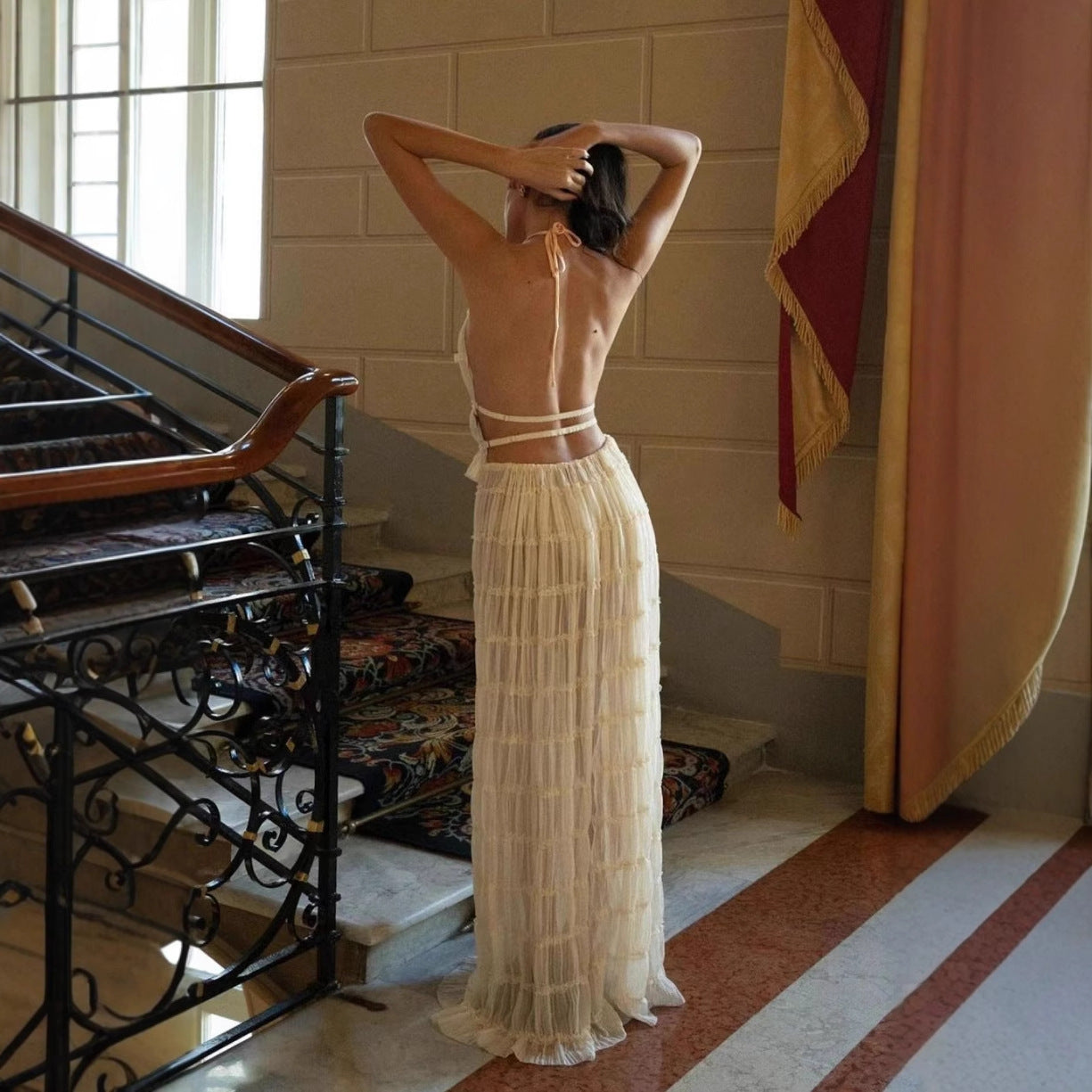 Fashion sexy backless holiday top skirt two-piece set