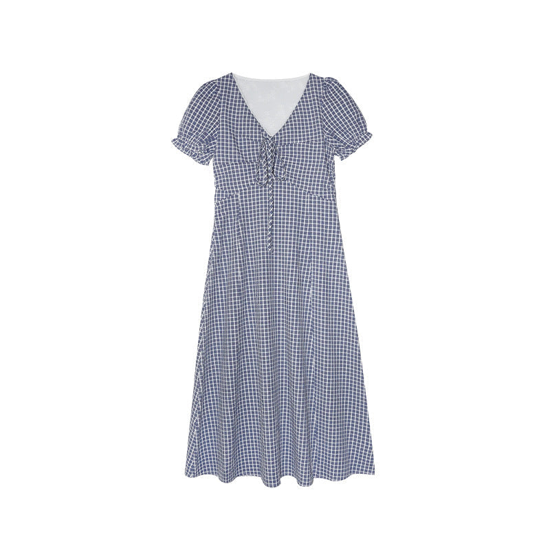 Gentle plaid v-neck high-waisted slim dress