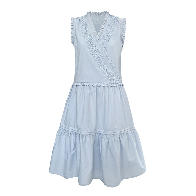 French oblique V-neck ruffle edge dress lace skirt women's spring new small fresh vest skirt