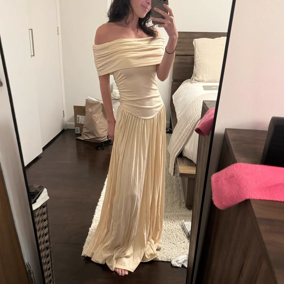 Fashion spliced resort-style one-shoulder slim-fit bandeau dress