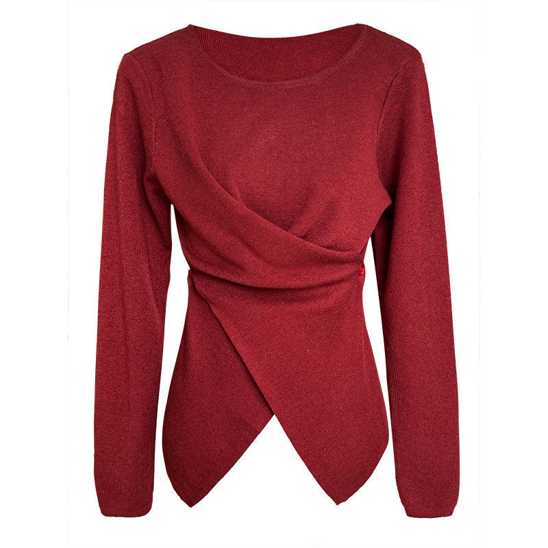 Korean wear early autumn top irregular hem cross waist bottoming knitted sweater women's sweater