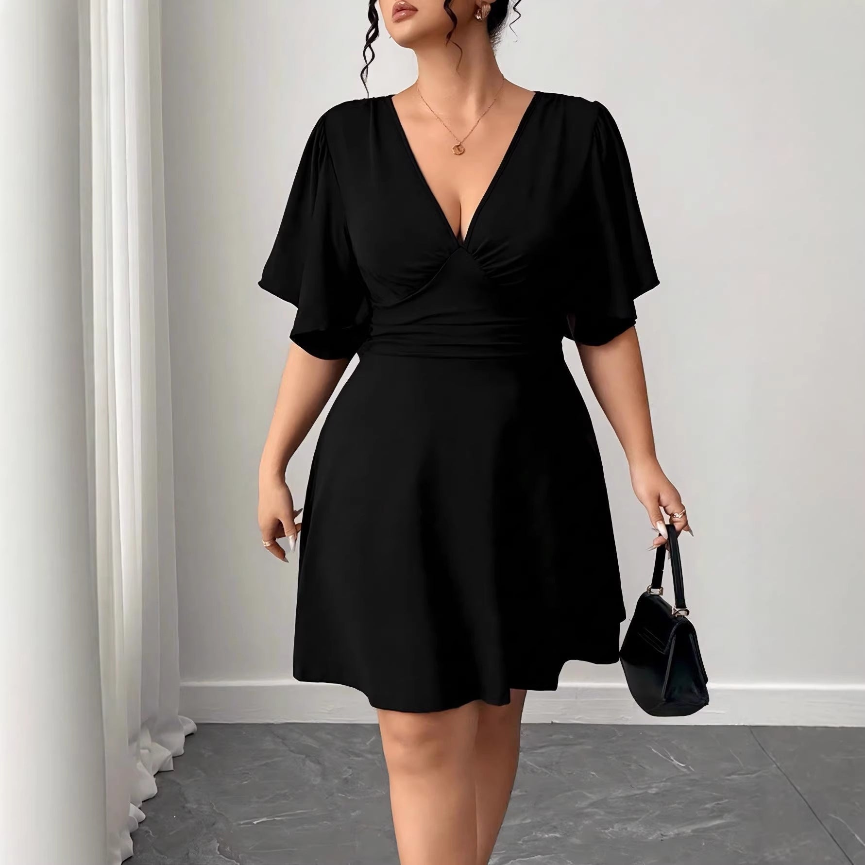Spring and summer new deep V-neck lotus leaf sleeves solid color dress dress evening dress