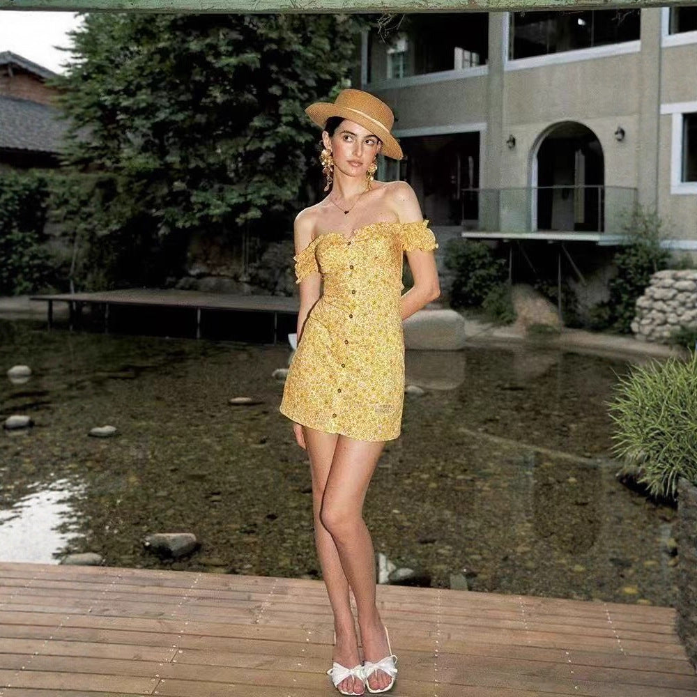 Holiday style single-breasted bubble sleeves one-word shoulder dress short skirt