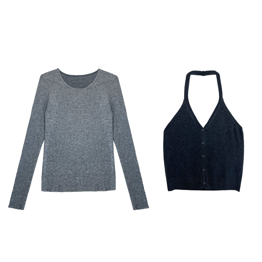 Korean simple round neck base · stacked neck vest women's autumn new lazy suit