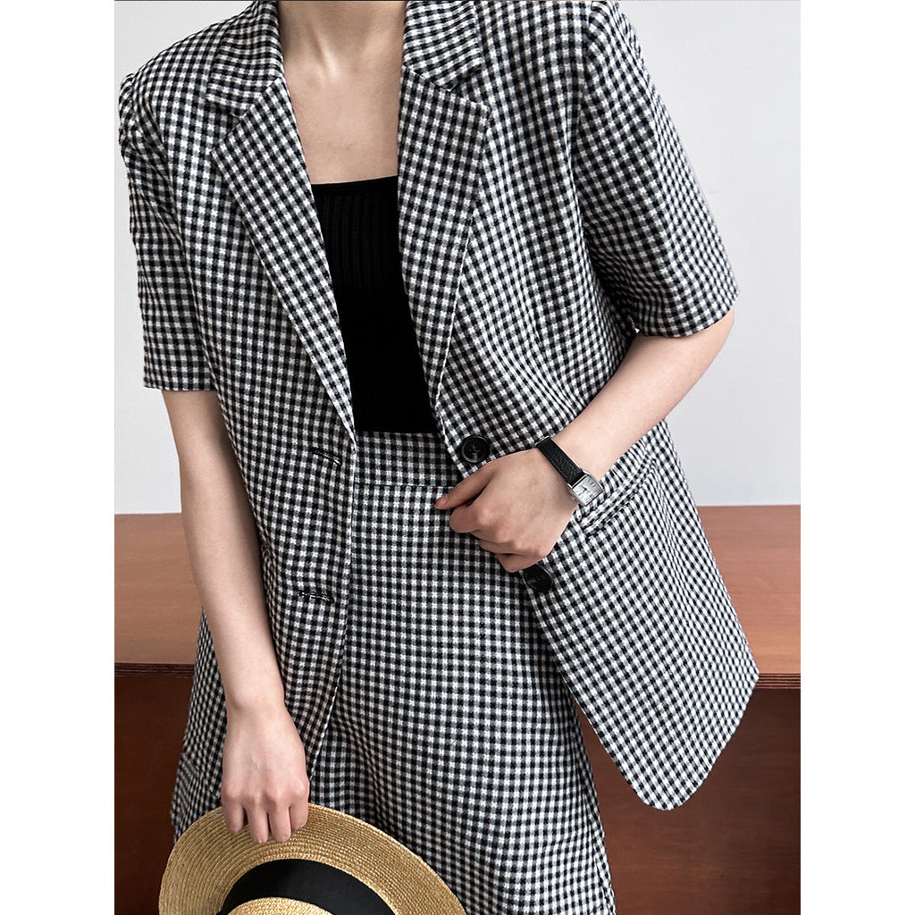 Plaid short-sleeve lightweight blazer + a-line skirt two-piece fashion commute set