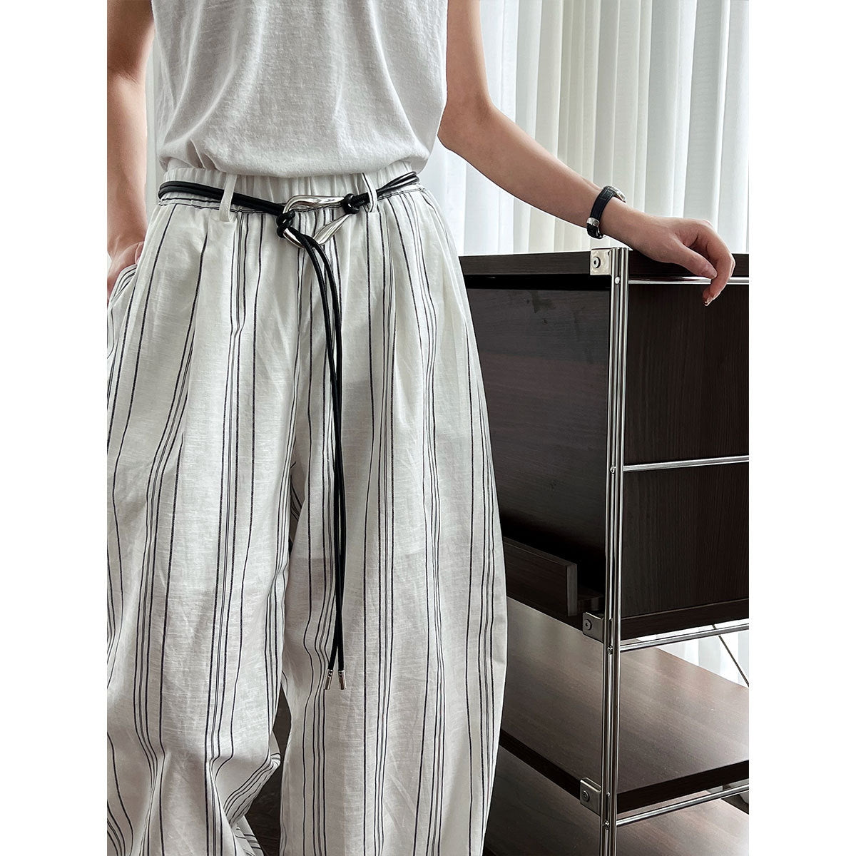 Cotton and linen old money wind striped elastic waist casual pants women's new summer models with belts lazy wide legs