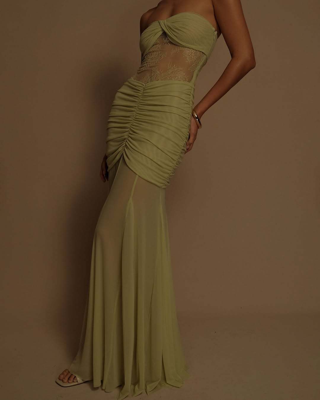 Sexy pleated mesh paneled see-through lace dress
