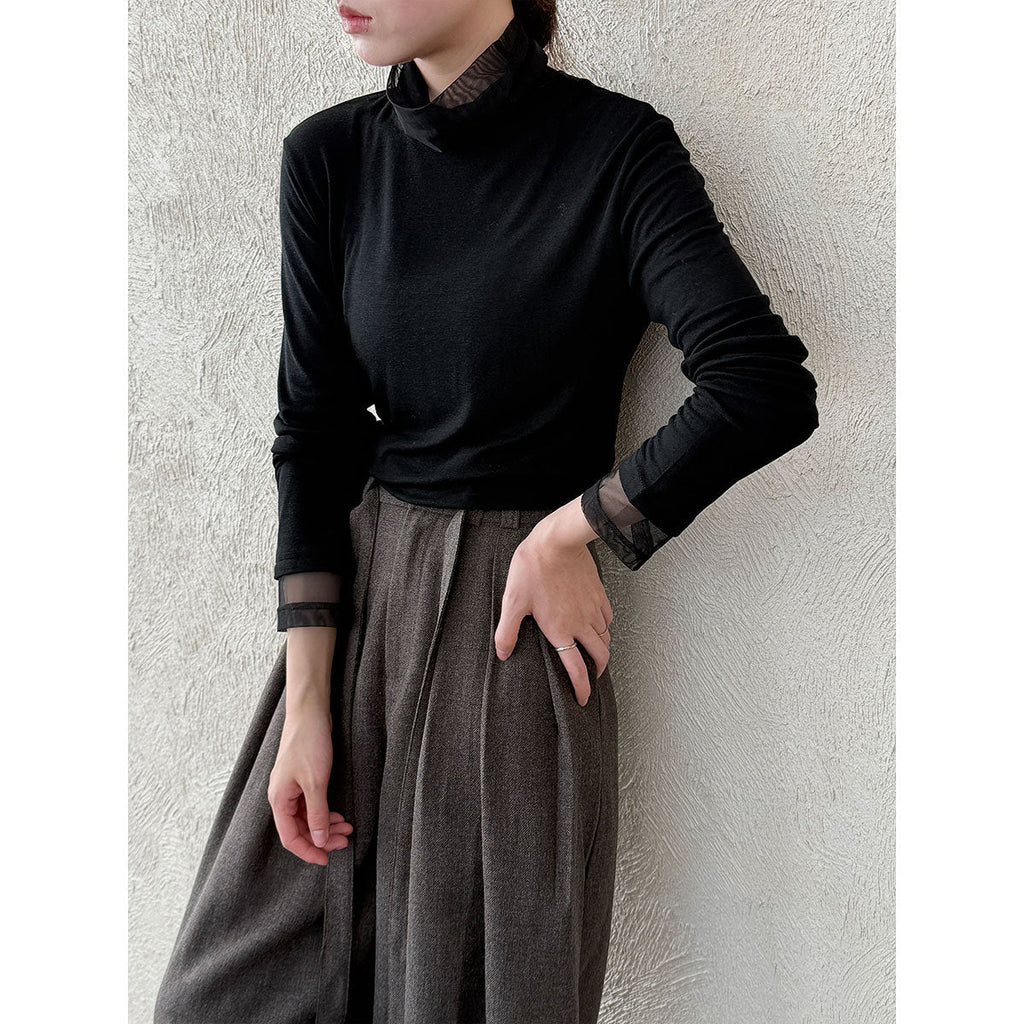 Tencel wool slim-fit pile turtleneck splicing mesh undershirt women's 26 spring shoulder T-shirt 2057