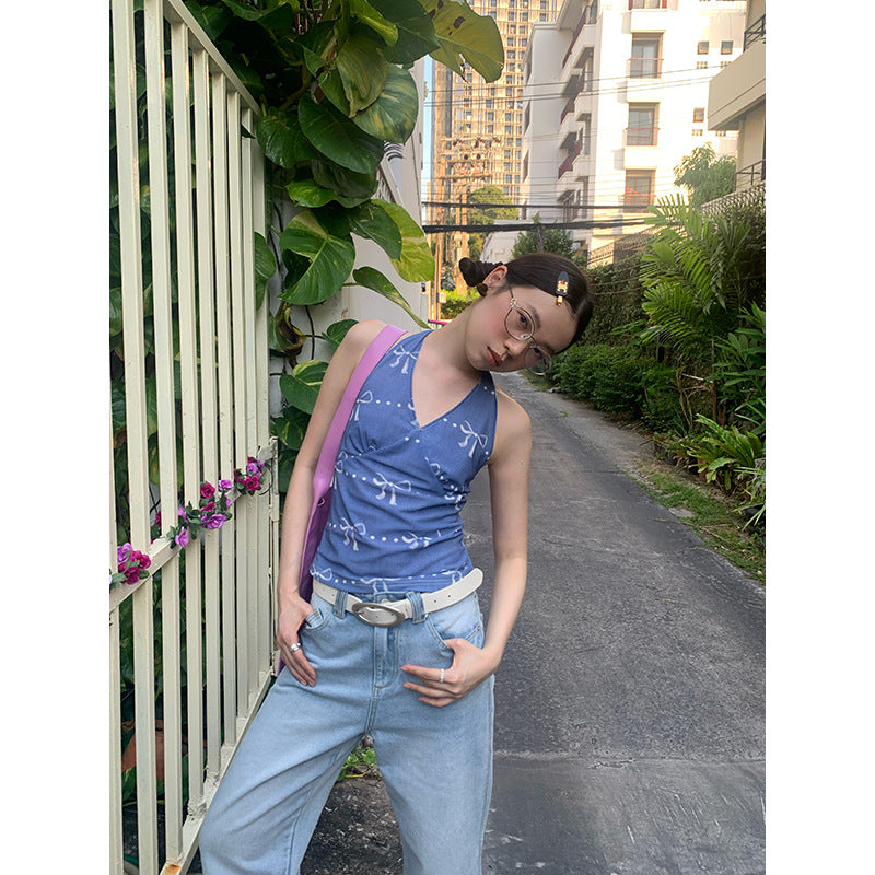 Spice Girl Slim Fit Bow Printed Neck Vest Women's Suspender