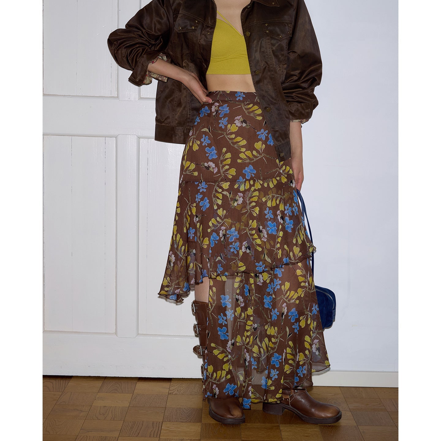 Chiffon floral irregular layered skirt