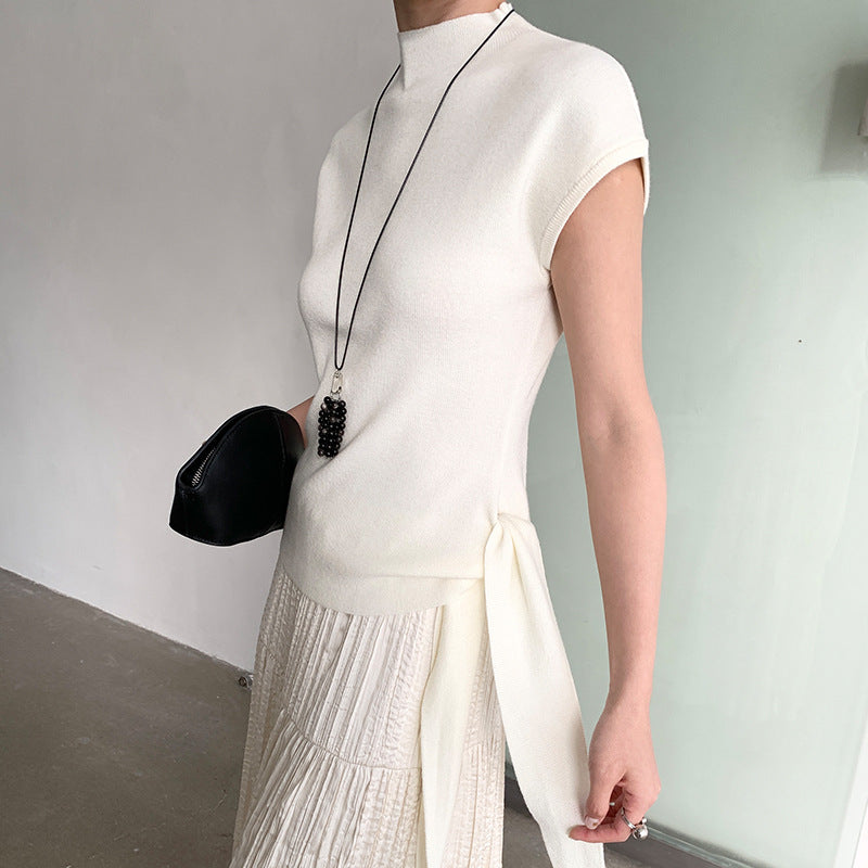 Spring minimalist style tie-up tie stand-up collar solid color knitted short-sleeved T-shirt 59027