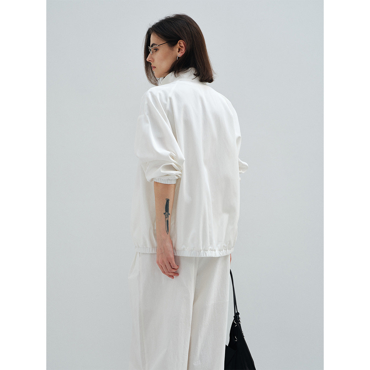 Spring solid color minimalist silk wool stand-up collar lazy slack jacket