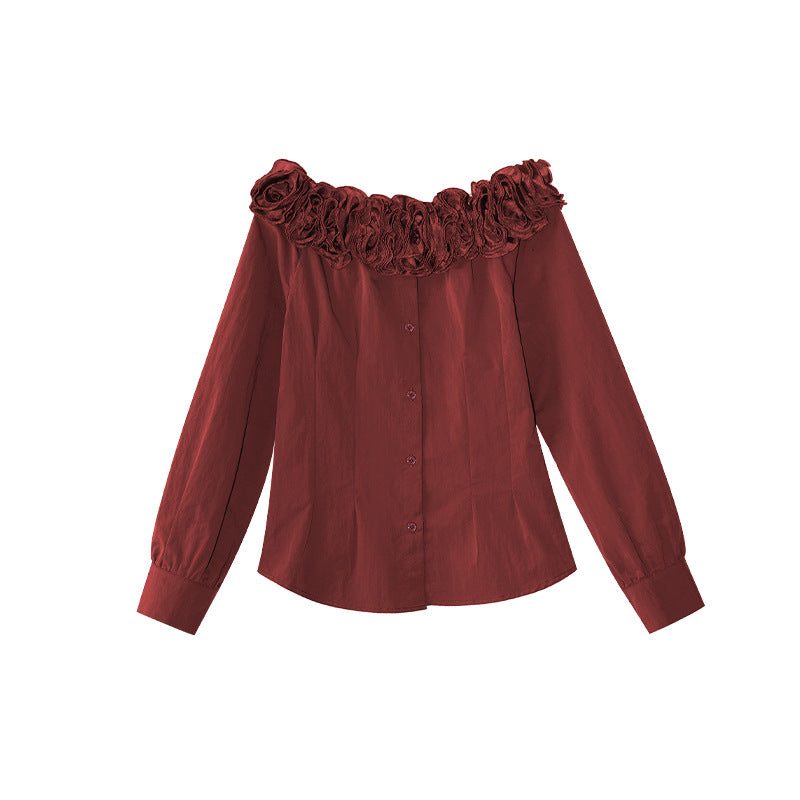 Autumn French Chic Heavy Industry Flower Pinch Pleated Waist Shoulder Shirt