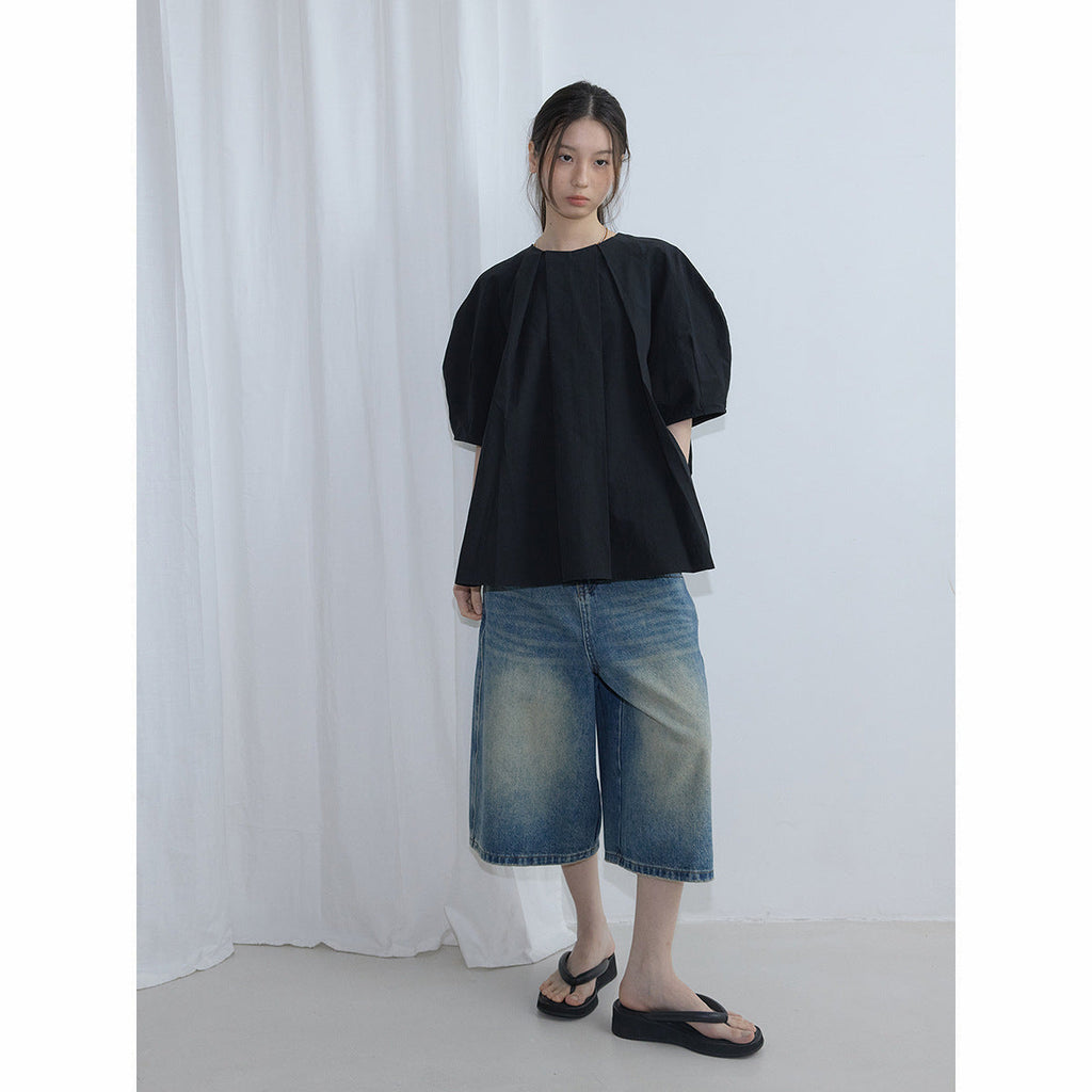 Spring new casual round neck simple and versatile solid color linen cotton bubble sleeve top