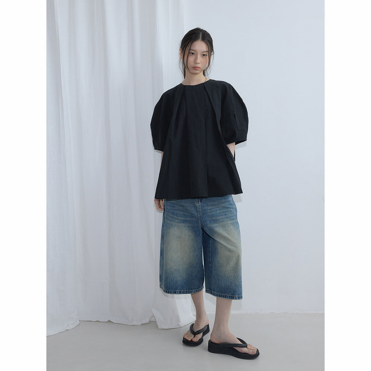 Spring new casual round neck simple and versatile solid color linen cotton bubble sleeve top