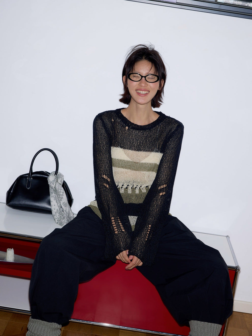 Contrasting color hollow sunscreen knitted sweater literary loose stacking top
