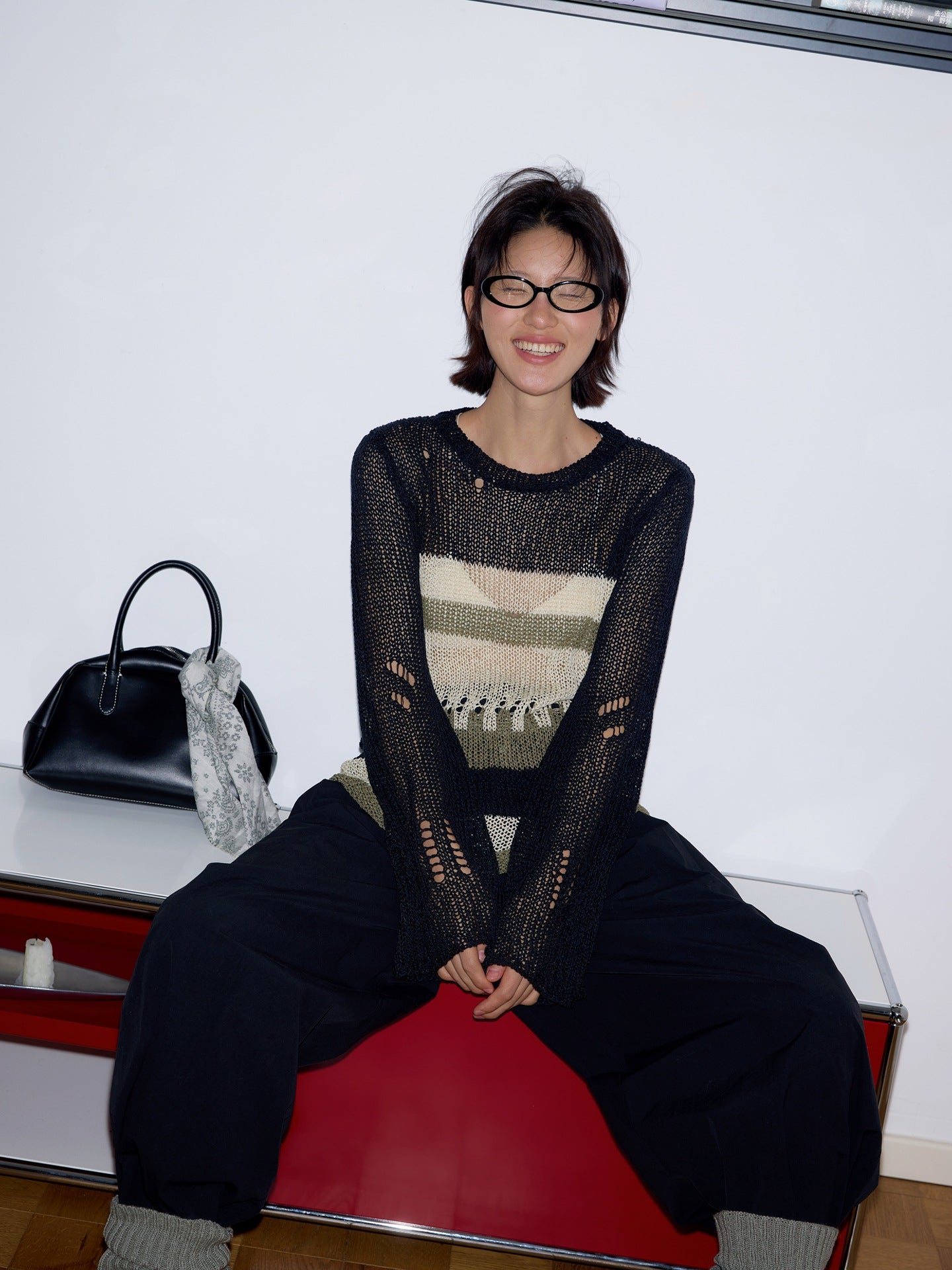 Contrasting color hollow sunscreen knitted sweater literary loose stacking top