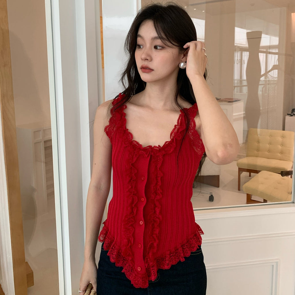 Sweet and spicy stretch slim fit lace fungus edge sling sleeveless vest