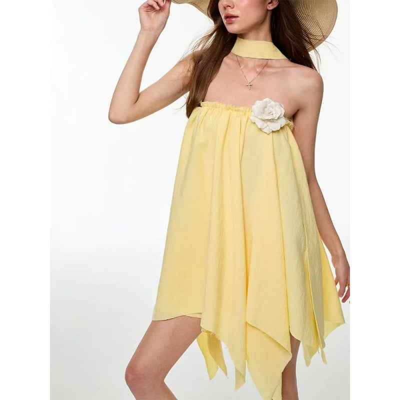 Yellow Flower Dress Spice Girl Multi-Wear Suspender Skirt French Vacation Dress