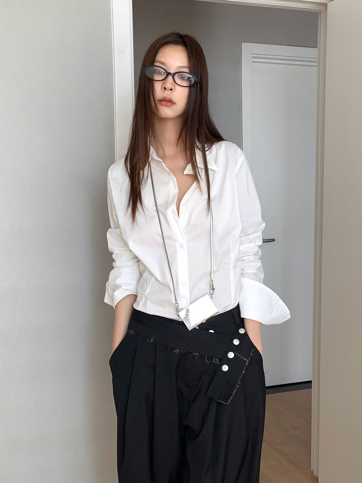 Polo Collar Long Sleeve Shirt Women Single-Breasted Button-Up Waist Fit