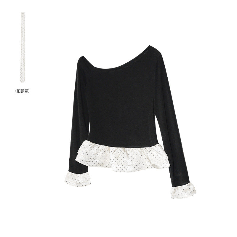Pure desire sexy royal sister style slanted shoulders slim long-sleeved T-shirt