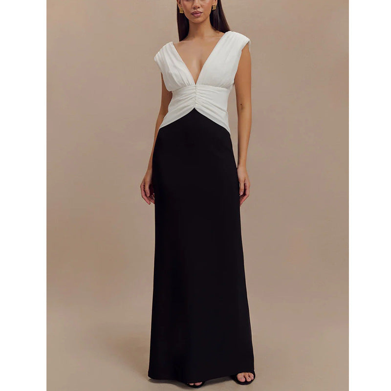 V-neck dress high-end celebrity style splicing temperament elegant long dress women's hip skirt