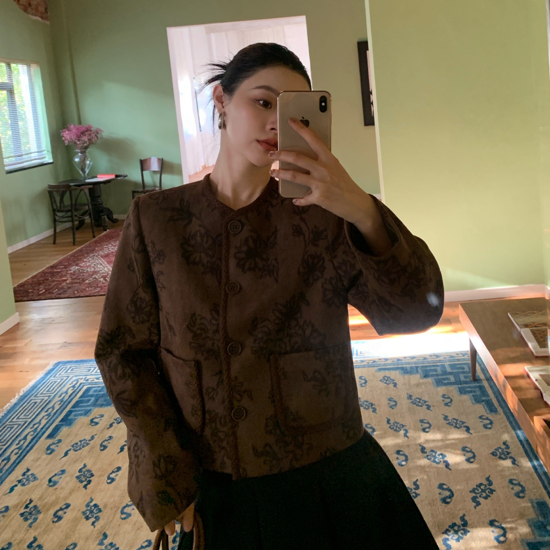 Printed Patch Bag Crew Neck Short Jacket