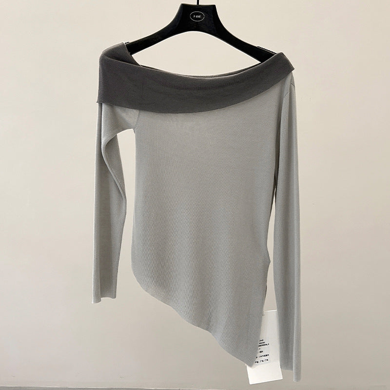 Design contrasting slanted shoulder knitted sweater spring irregular lyocell slim top