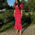 Popular Fashion Bubble Sleeve Floral Dress Waist Sexy Spice Girl Dress