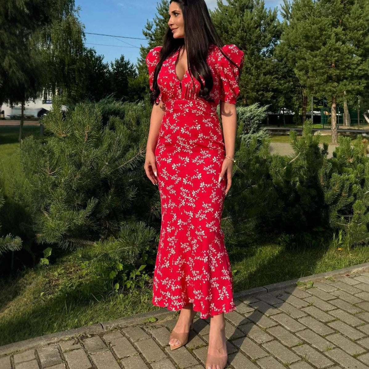 Popular Fashion Bubble Sleeve Floral Dress Waist Sexy Spice Girl Dress