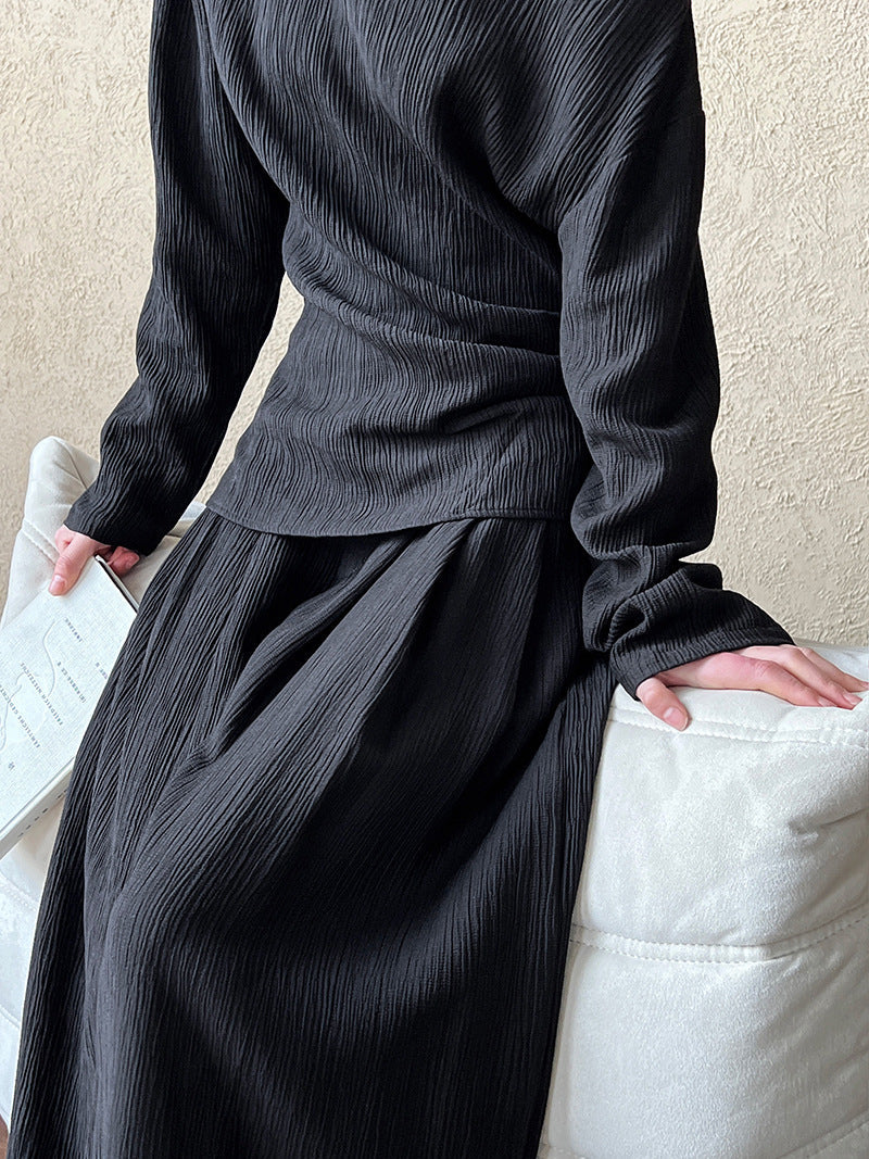 Lazy design asymmetrical one-shoulder waist pleated tops + loose pants women's spring two-piece set