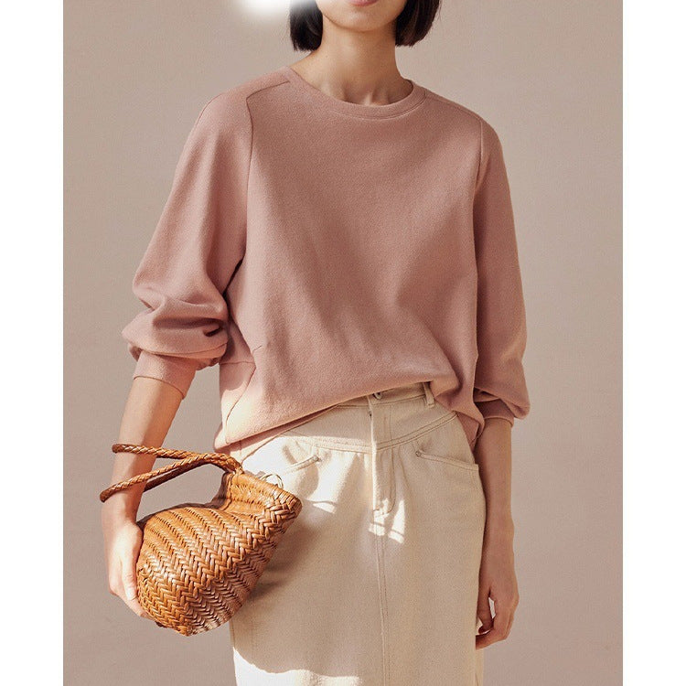 Loose round neck hoodless sweater women's classic white straight split denim skirt casual retro slim suit autumn