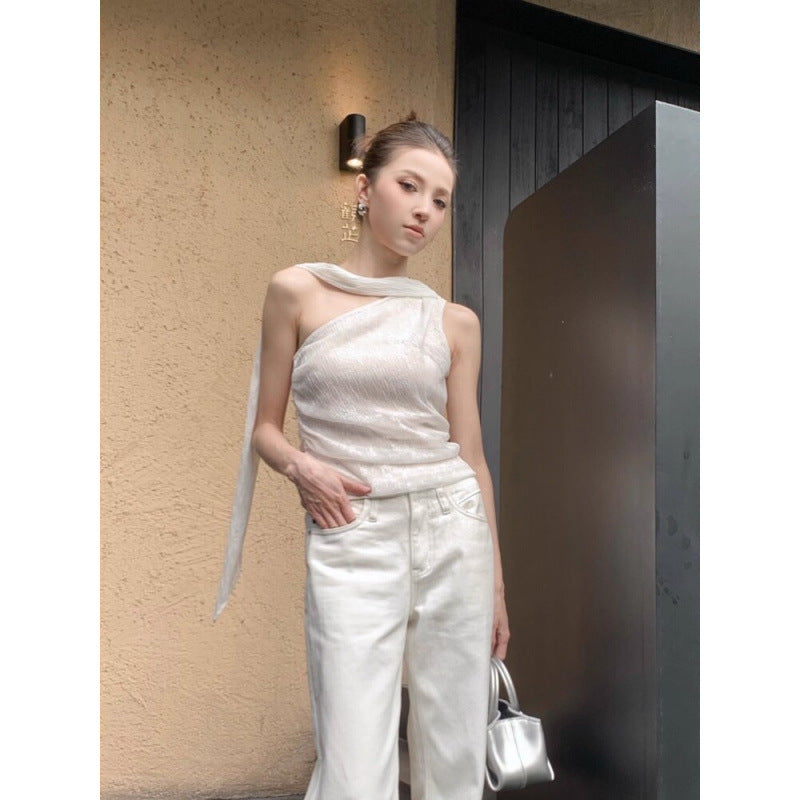 One-Shoulder Sleeveless Top Women Slim Fit Irregular Hem Vest
