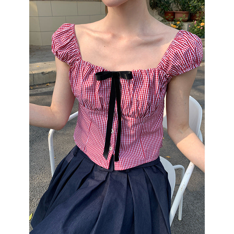Plaid Backless Bubble Sleeve Top