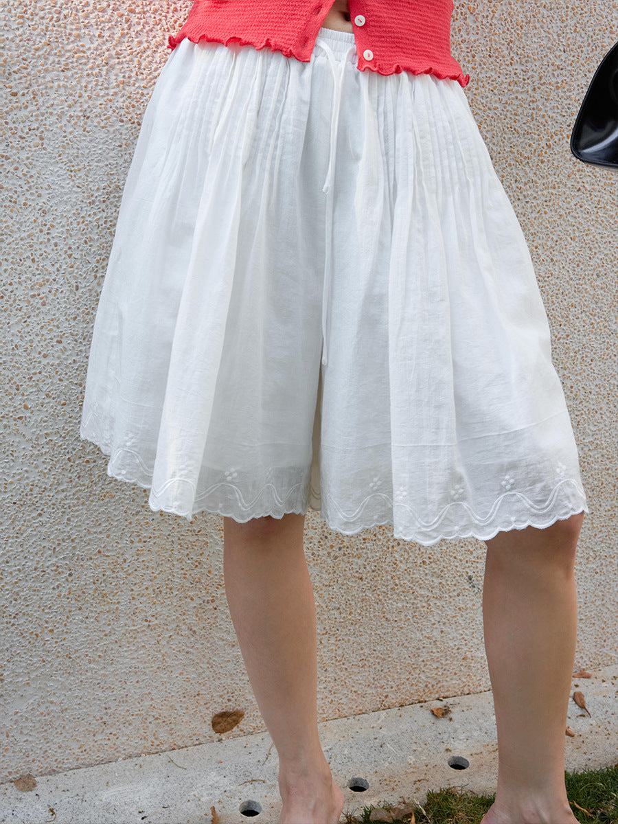 Thin elastic waist lace embroidered splicing silhouette five-point casual pants