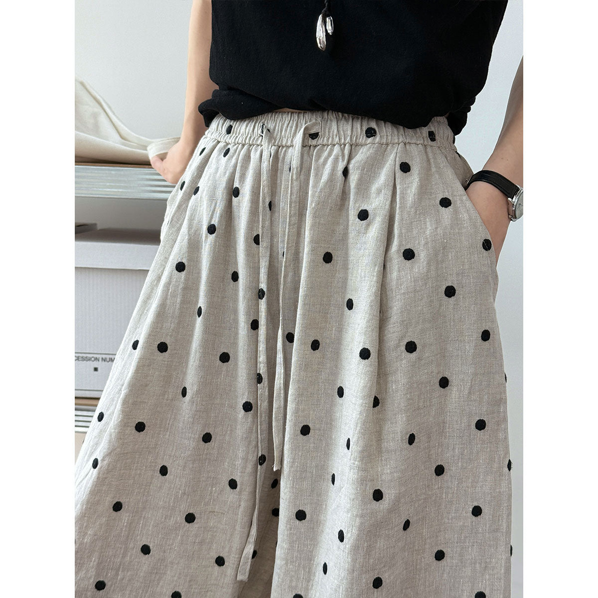 Heavy industry linen~ polka dot embroidery elastic waist thin cotton and linen casual pants women's wide-leg sickle pants