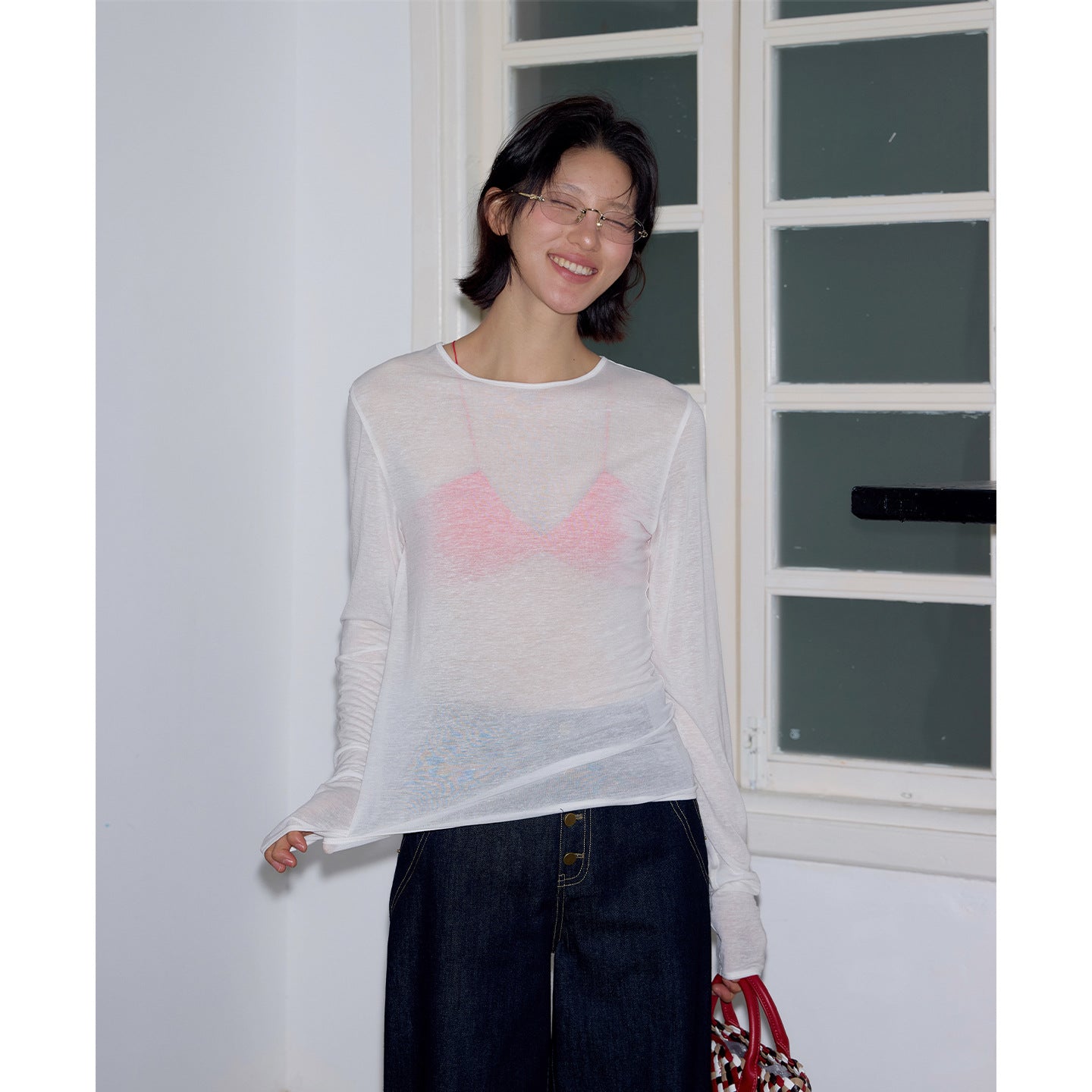 Tencel linen Korean Spice Girl perspective machine bottoming shirt long-sleeved T-shirt