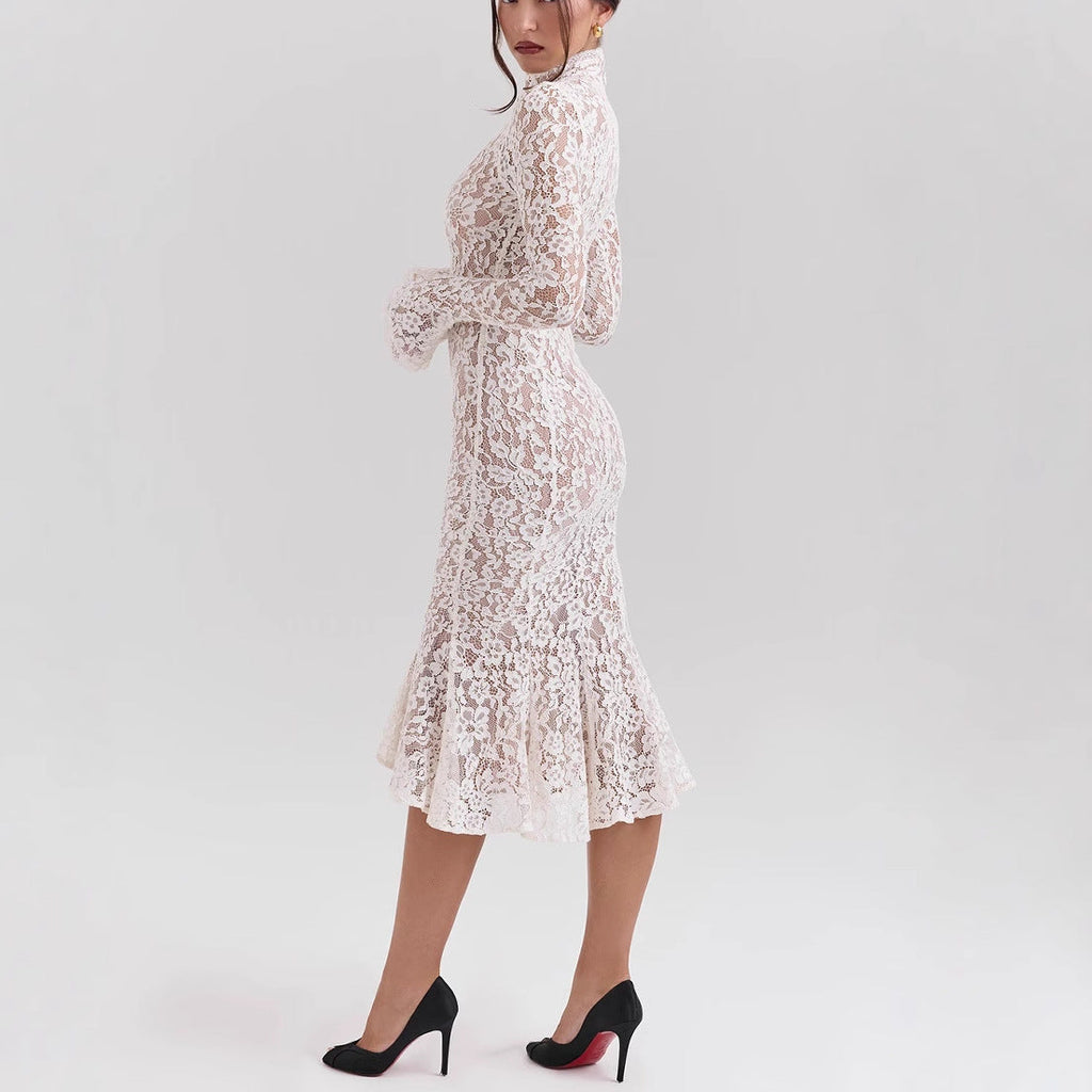 New women's clothing fashionable and sexy hollow lace hip-wrapped long dress perspective slim dress women