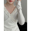 French three-dimensional lace V-neck inner women's 26 early spring niche design slim-fitting fungus edge bottoming shirt