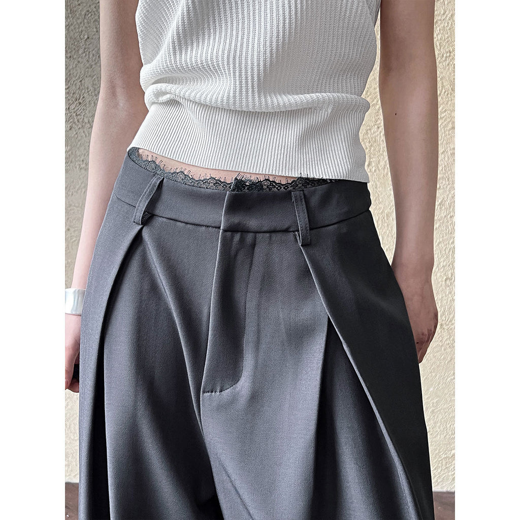 Vintage casual high-waisted lace splicing wide-leg suit pants women's spring drape straight floor trousers