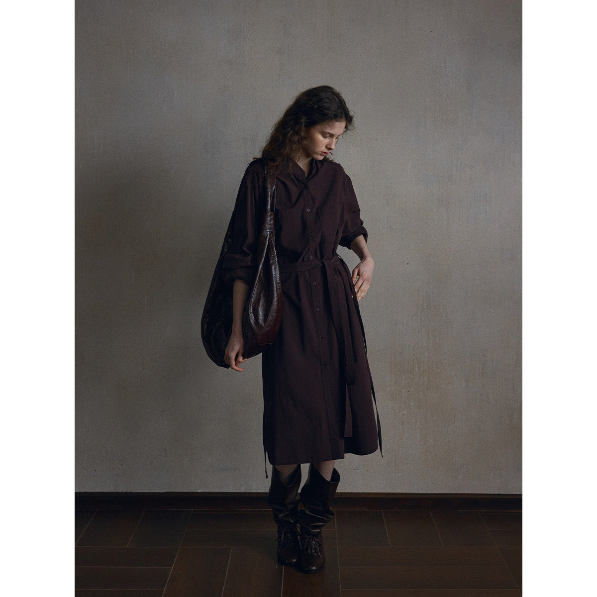 Cotton skin-friendly stand-up collar lace-up shirt dress, simple and loose coat-style long skirt