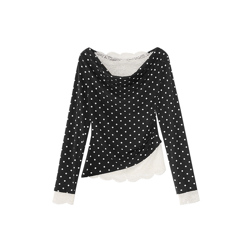 Gentle polka dot slanted shoulder slim-fit lace-edged long-sleeved knitted sweater
