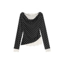 Gentle polka dot slanted shoulder slim-fit lace-edged long-sleeved knitted sweater