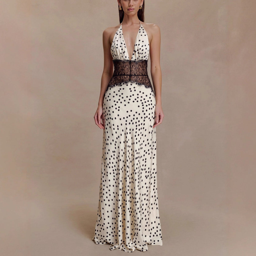 Elegant polka dot satin lace splicing neck hip skirt waist sexy dress