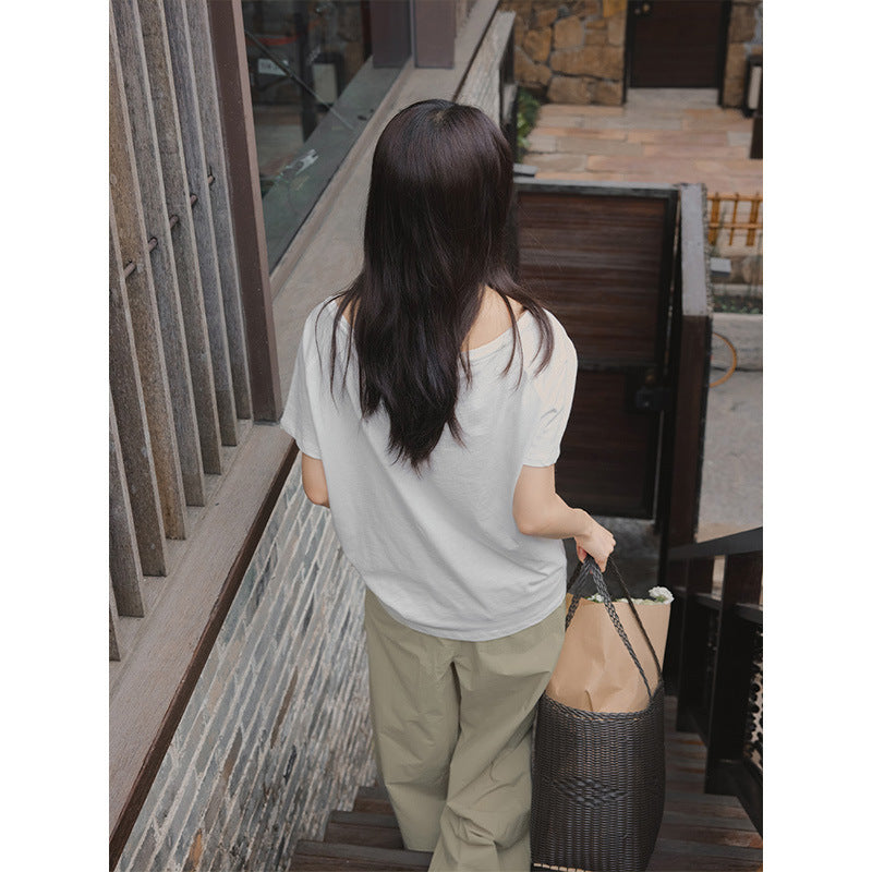 One-word collar slanted shoulder short-sleeved water lazy skin-friendly fruit print summer short-sleeved T-shirt