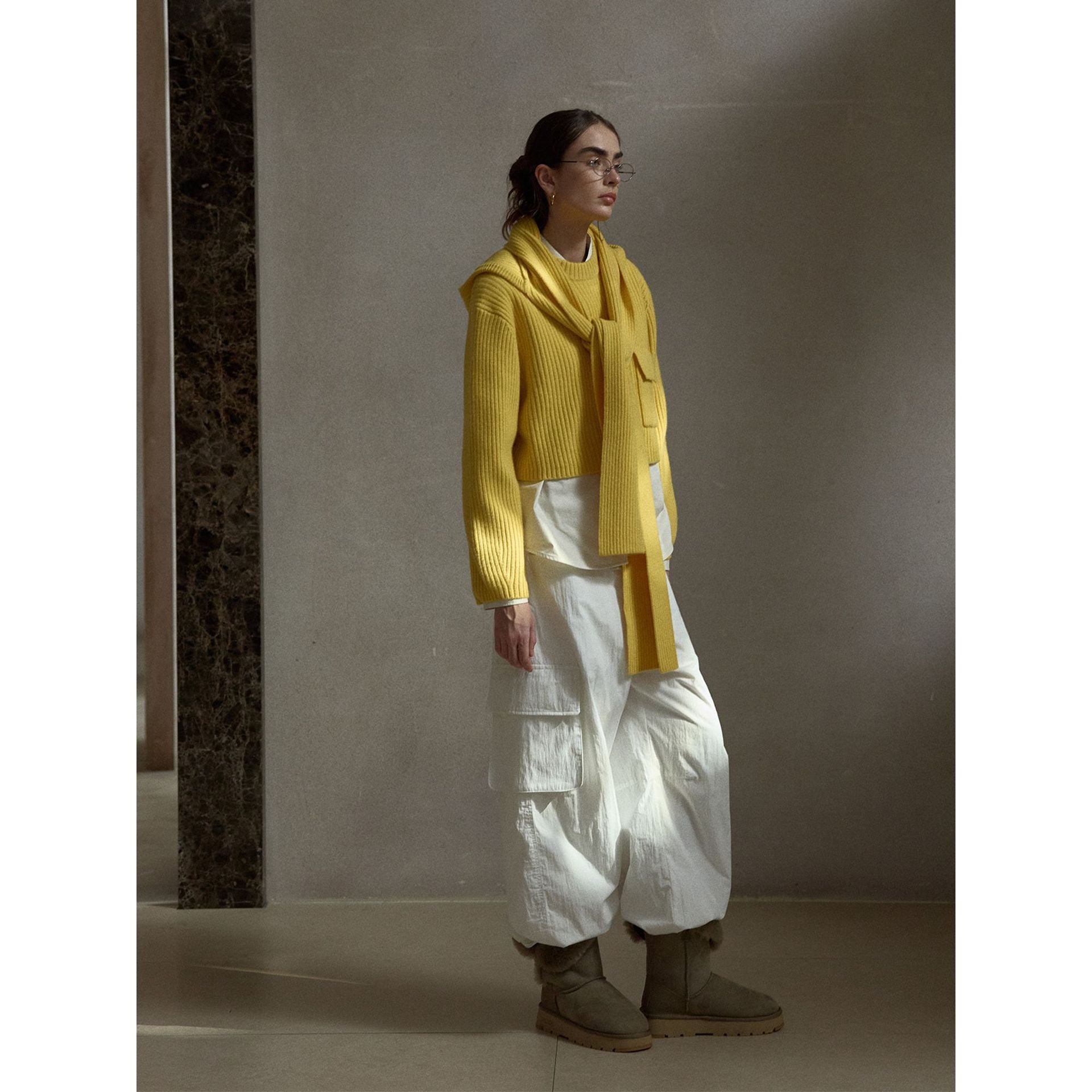 Winter worsted wool pit ribbed hooded integrated scarf