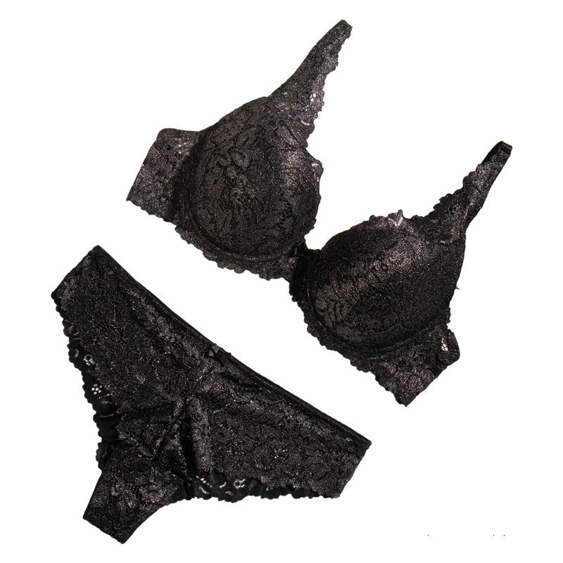 Women's Carbon Silver Bra Set Anti-sagging Gathering Steel Rim Adjustment Bra Sexy Lace Panties